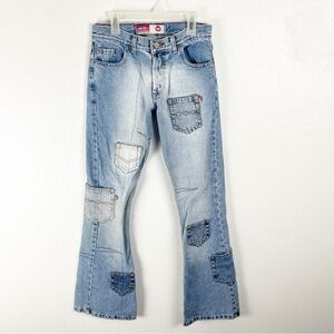 KOSIUKO Light Wash Patchwork Button Fly Flare Legs Distressed Jeans 23 Biker